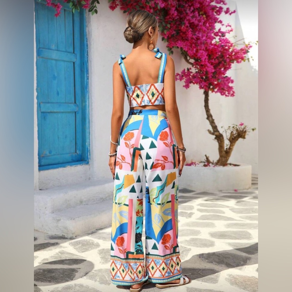 Colorful Geometric Print Two Piece Pant Set
